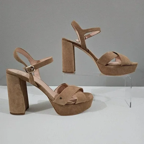 Kate Spade Delphi Platform Sandal Womens 10 Tan Suede Ankle Strap Block Heel - Picture 3 of 12